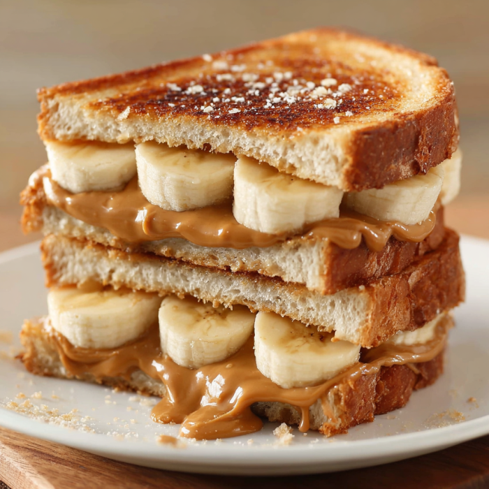 Stacked gooey grilled peanut butter banana sandwich on a plate.