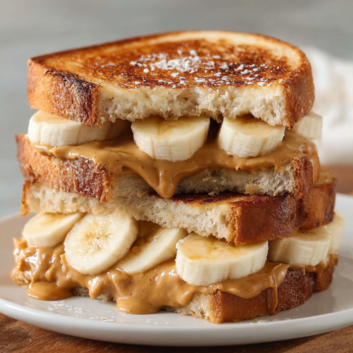 Several crunchy banana and peanut butter sandwiches on a plate.