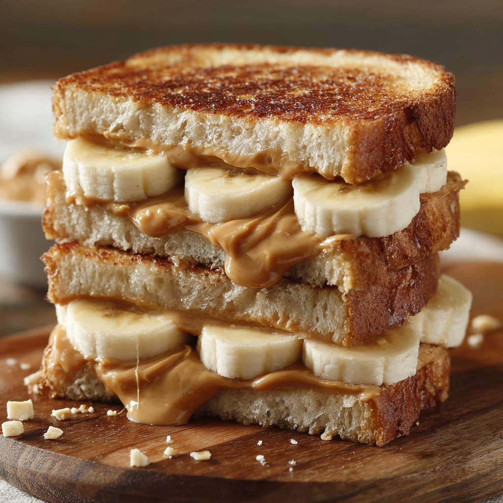 Crunchy peanut butter and banana sandwiches piled up.