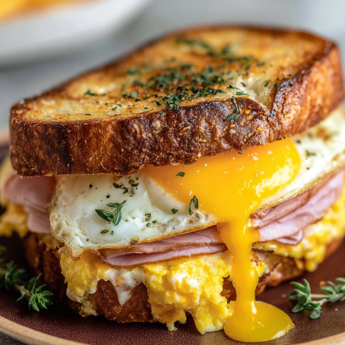 A tasty Egg and Ham Sandwich on a plate, looking fresh and warm.