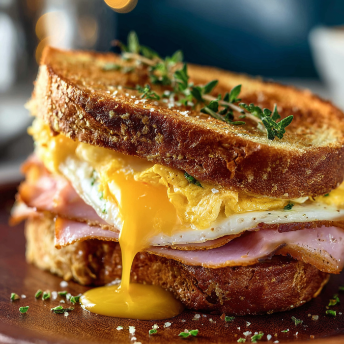 A delicious Egg and Ham Breakfast Sandwich is served on a plate.