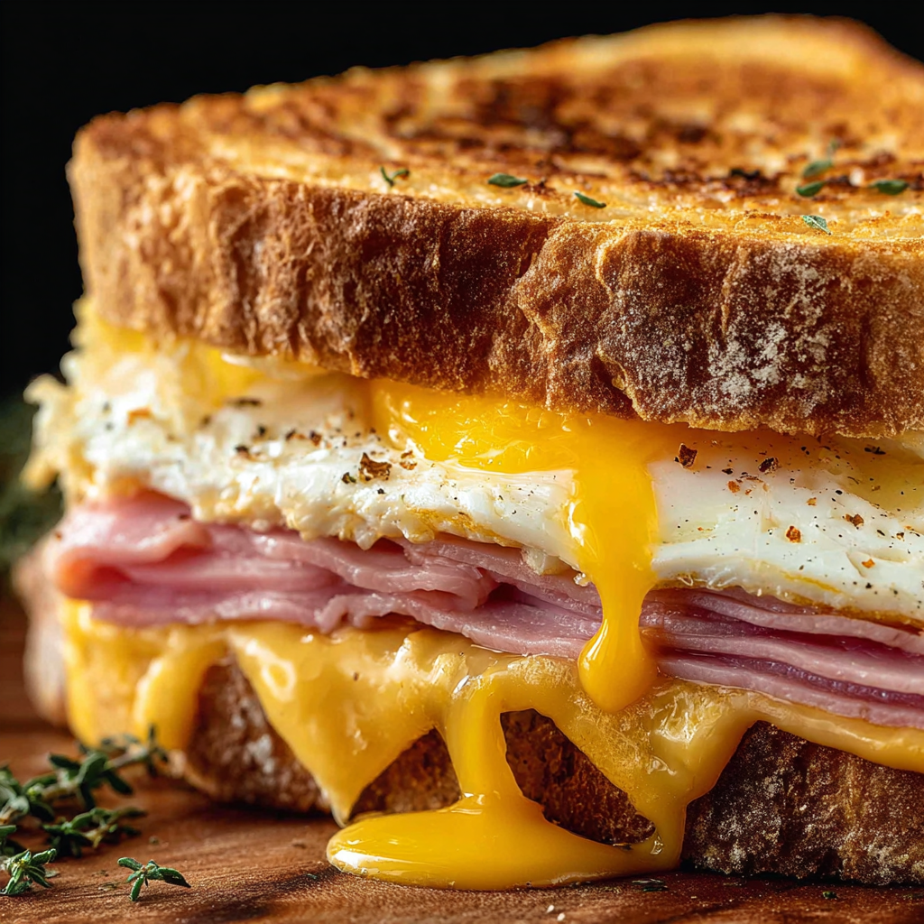 A delicious Egg and Ham Breakfast Sandwich is served on a wooden table.
