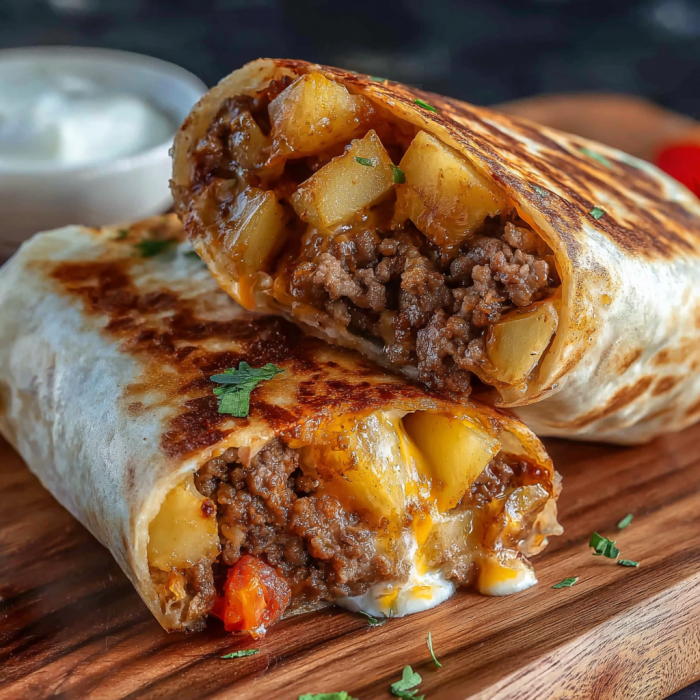 Big cheesy beef potato burrito sitting on a wooden table, looking super tasty.