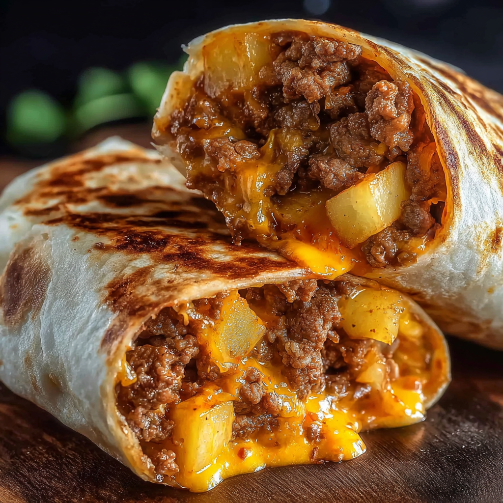 A close up of a delicious cheesy beef potato burrito.