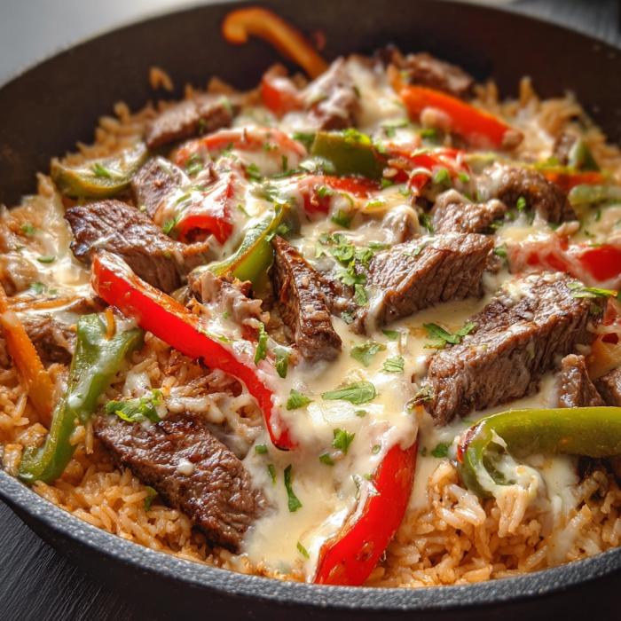 You see a mouthwatering stir fry of steak, rice, and veggies with peppers and onions, piled up in a black skillet.