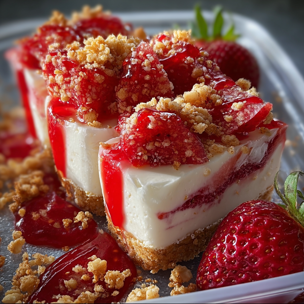 On a plate is a chunky slice of Strawberry Crunch Cheesecake Chunks, dotted with red crunch and creamy layers.