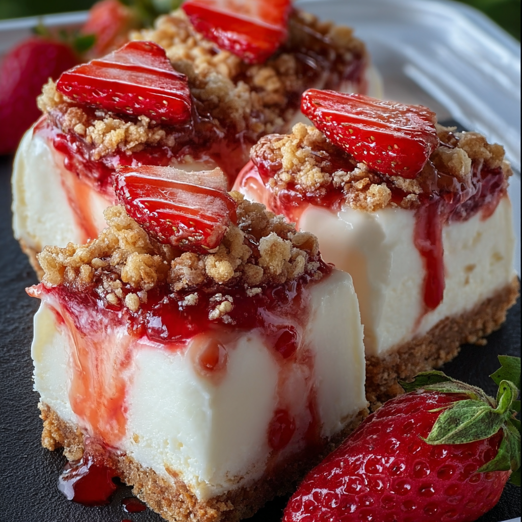 One piece of Strawberry Crunch Cheesecake Chunk topped with a fresh strawberry.