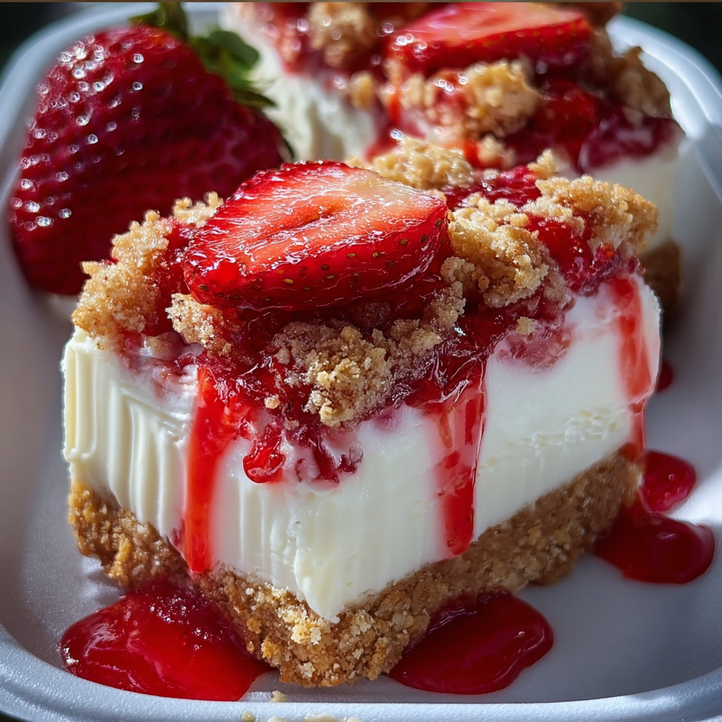 A yummy treat packed with strawberries and a crunchy layer on top.