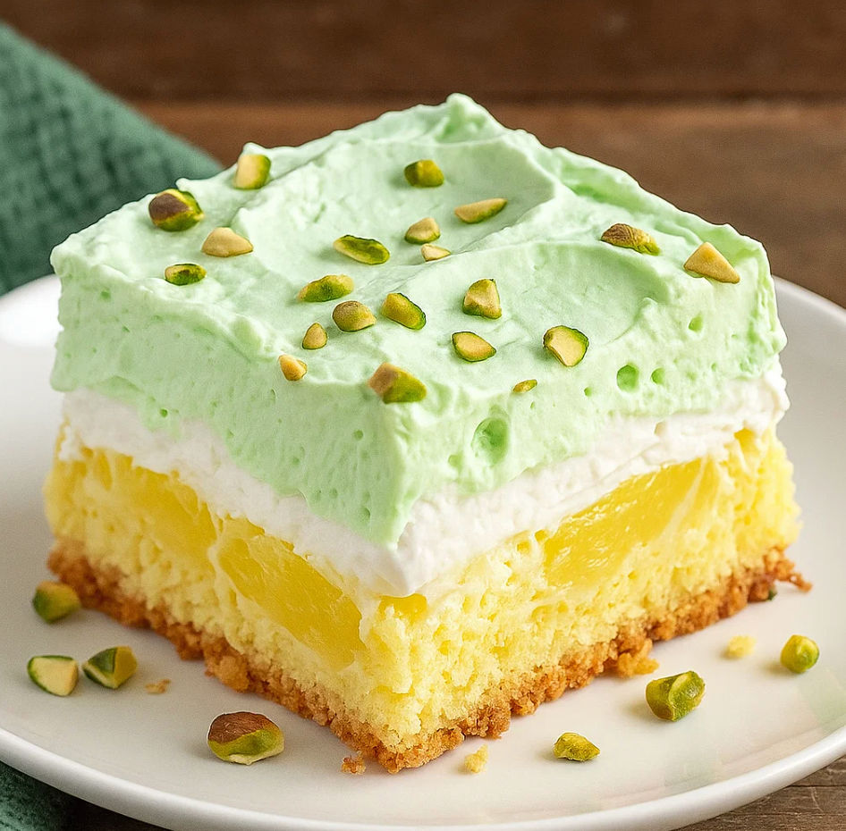 Tropical pistachio bliss cake slice showing off its yellow pineapple and green pistachio layers.