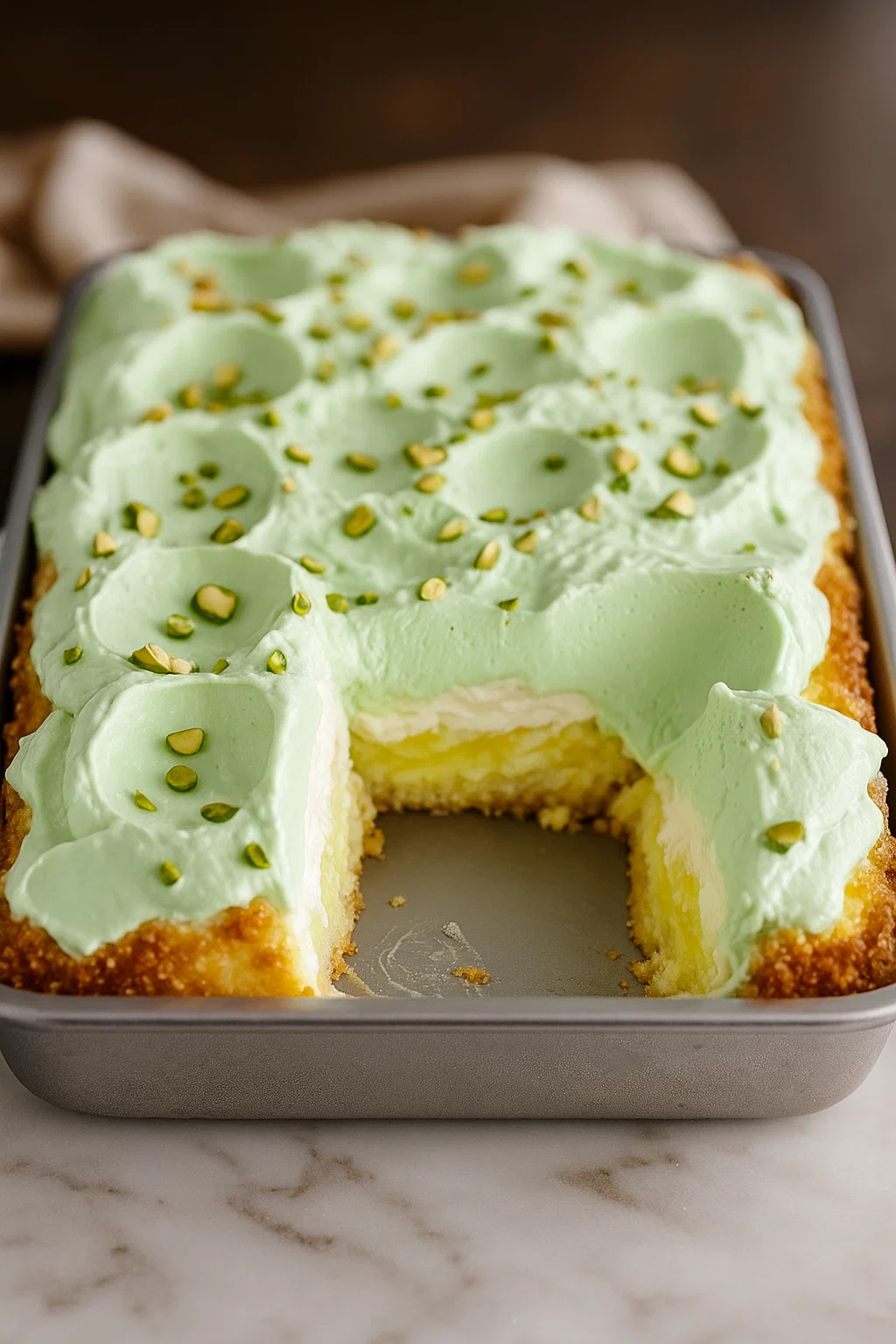 A chunk of cake slathered with pistachio-green topping and scattered nuts.