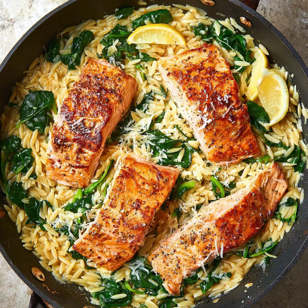 One Skillet Salmon with Lemon Orzo