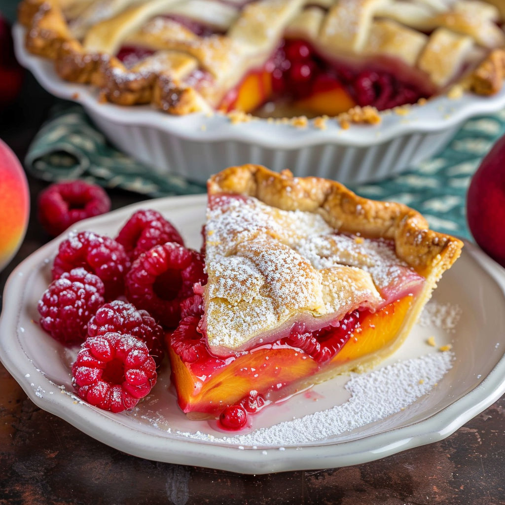 A slice of Raspberry Peach Pie with a white plate and a bowl of raspberries in the background.