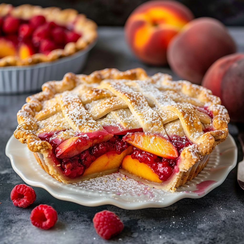 A slice of peach pie with a dollop of whipped cream on top.