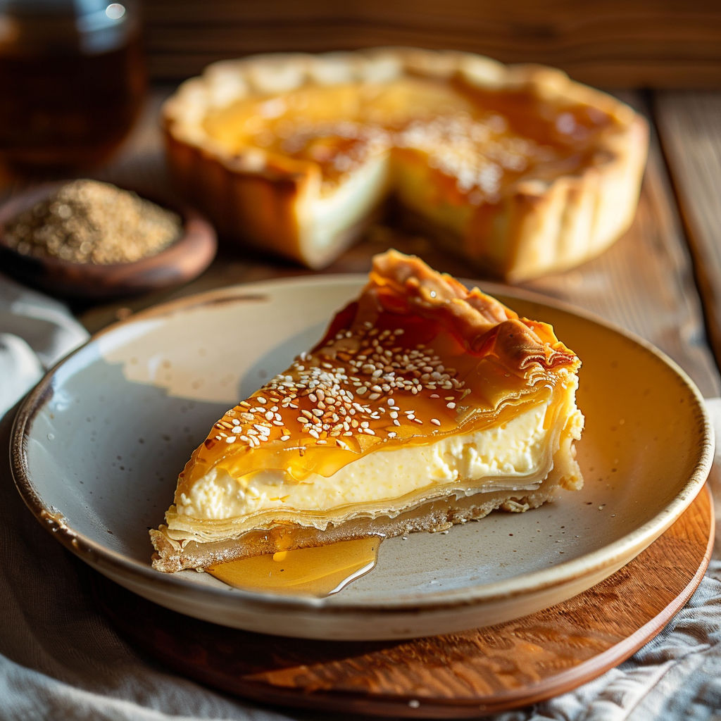 A slice of Golden Greek Honey Pie is served on a plate, with a bowl of honey nearby.
