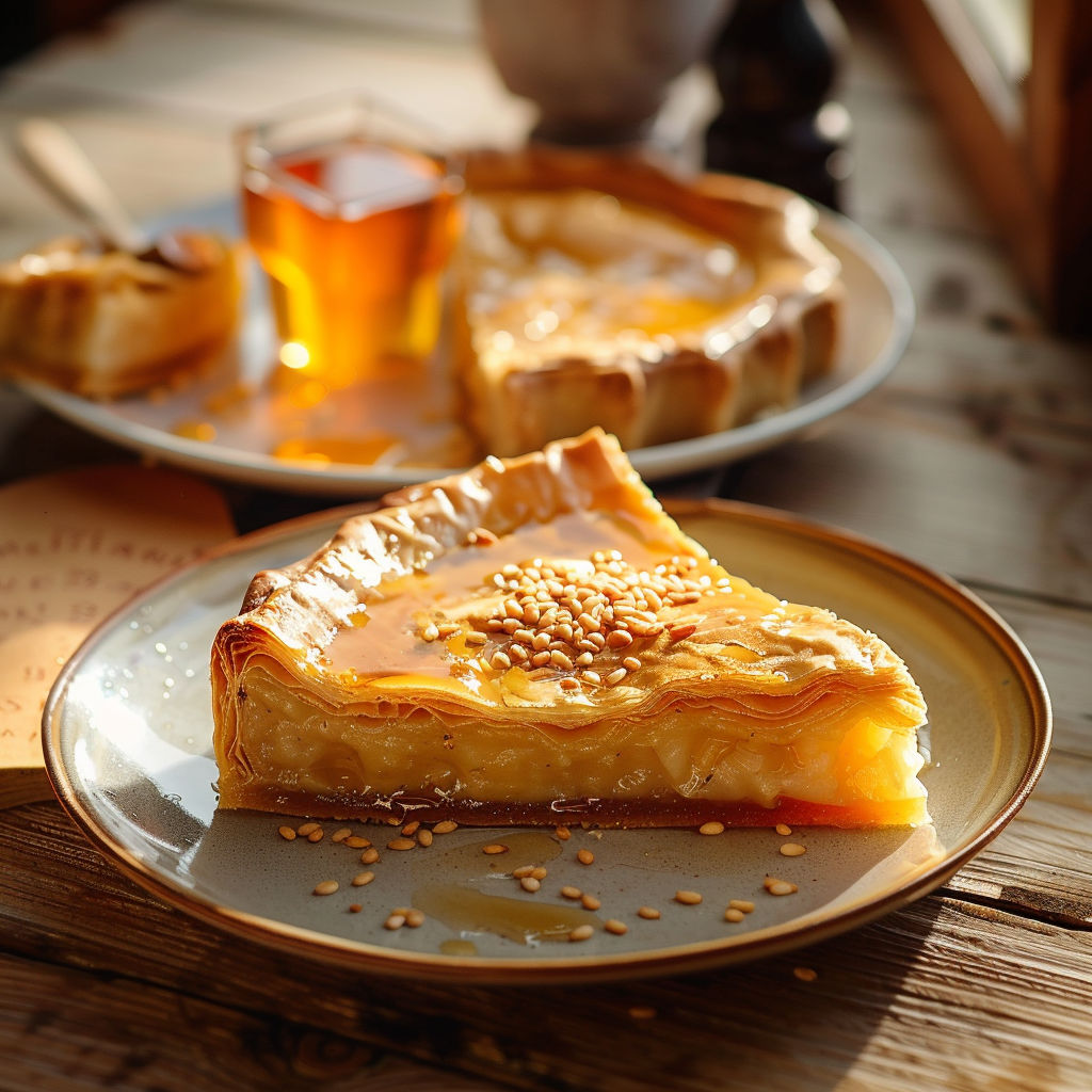 A slice of pie with a golden crust and a dollop of honey on top.