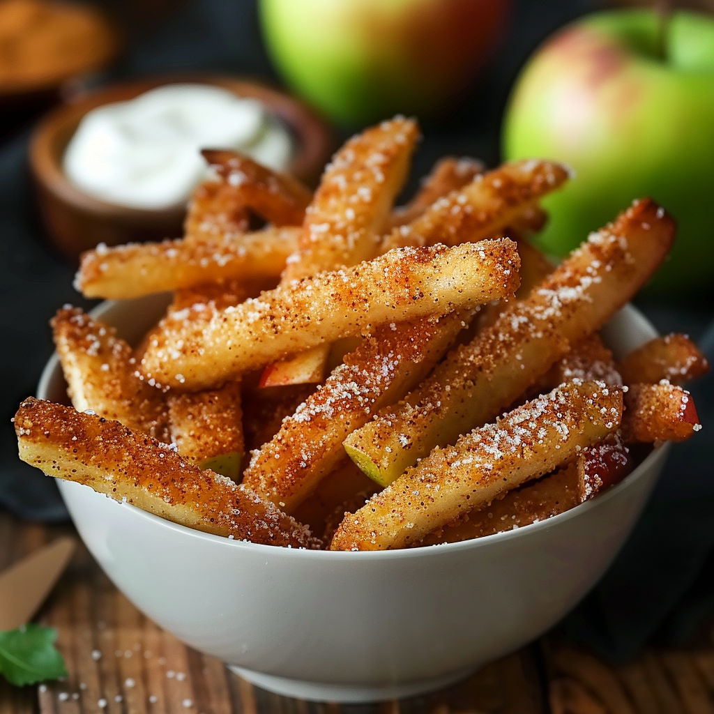 A bowl of crispy air fryer apple fries with a dollop of whipped cream on top.