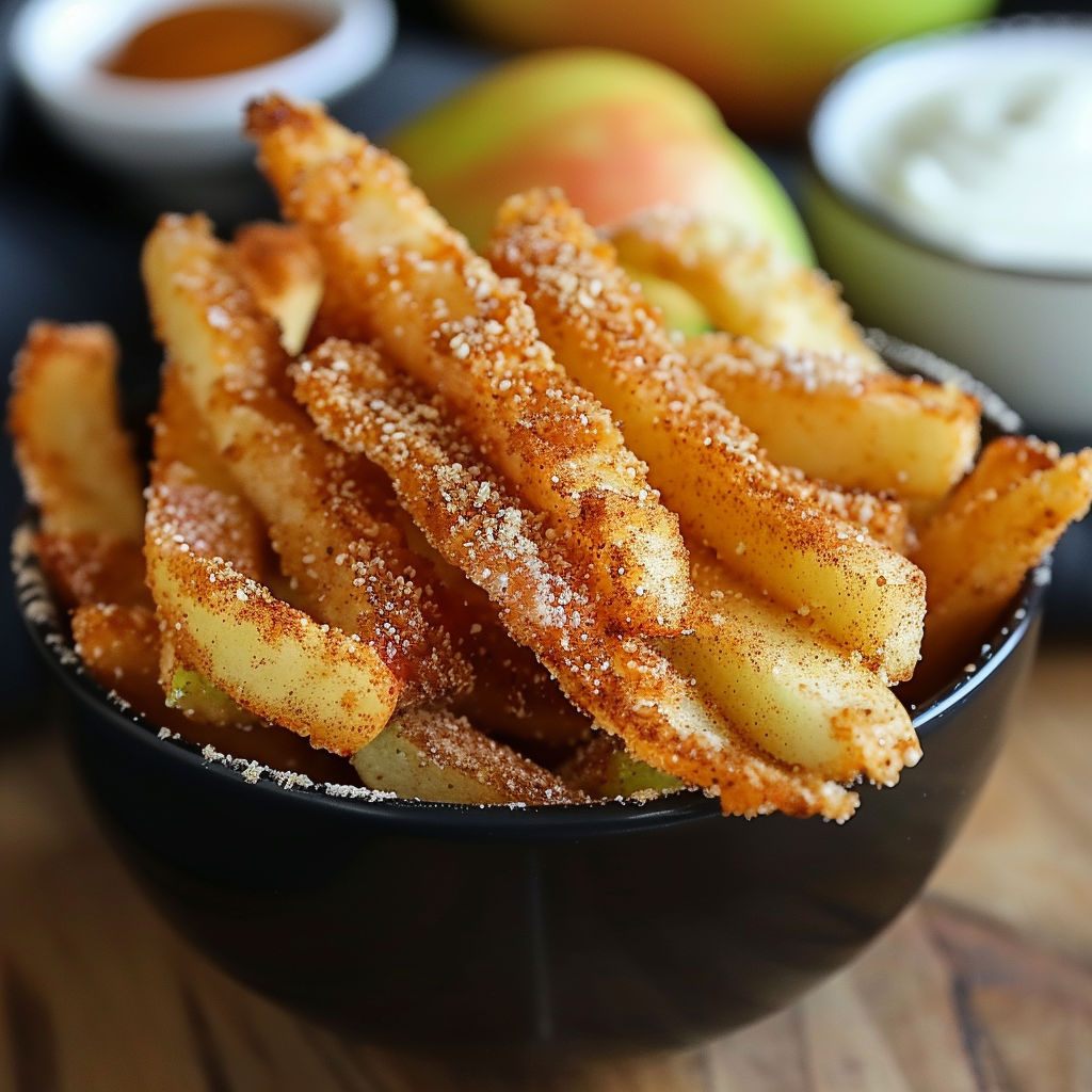 A bowl of fries with a spoonful of butter and a side of apple slices.