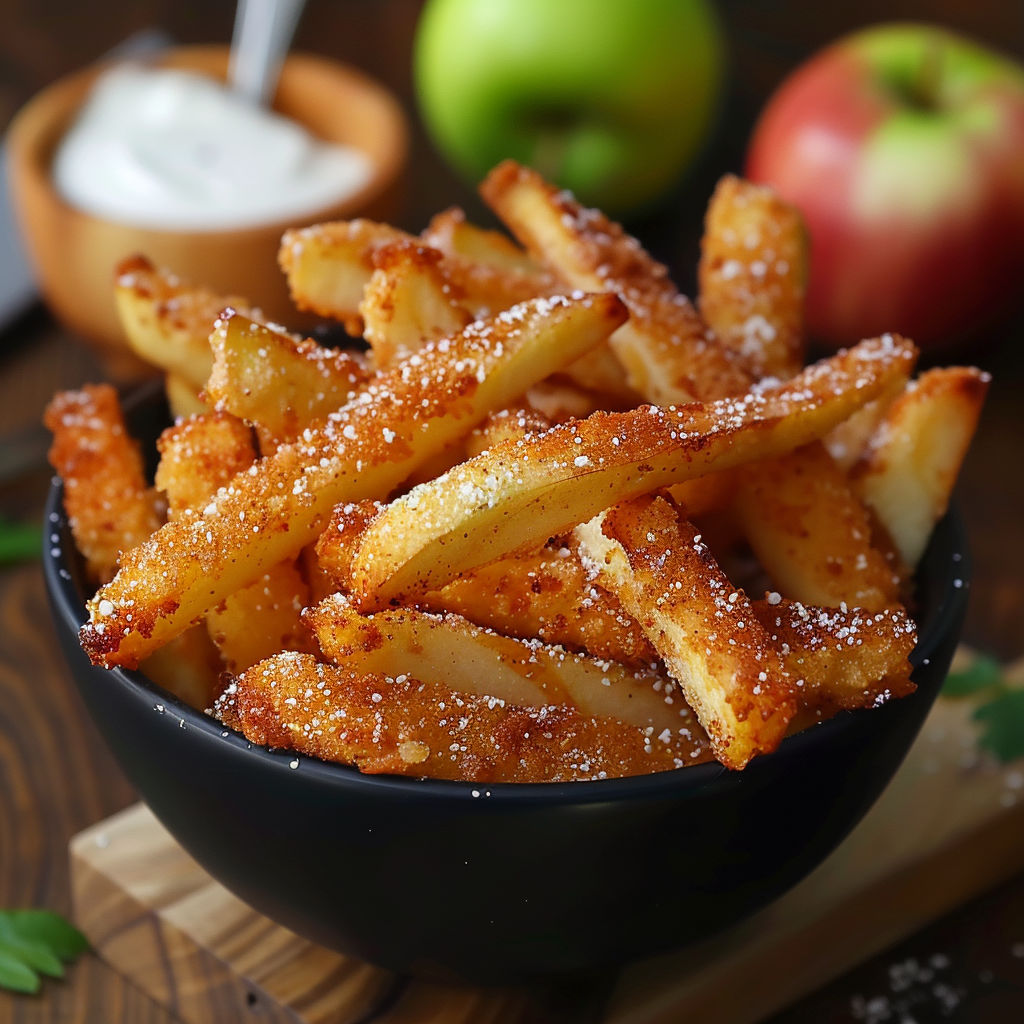 A bowl of french fries with a spoon in it, and a plate of apples nearby.