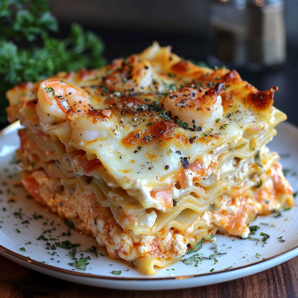 A delicious seafood lasagna with shrimp and crab toppings.