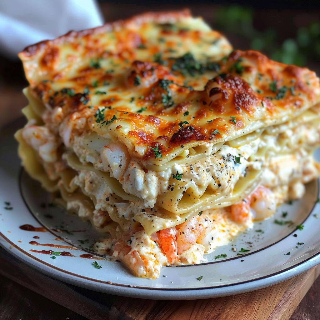 A delicious lasagna dish with layers of pasta, cheese, and meat, served on a plate.