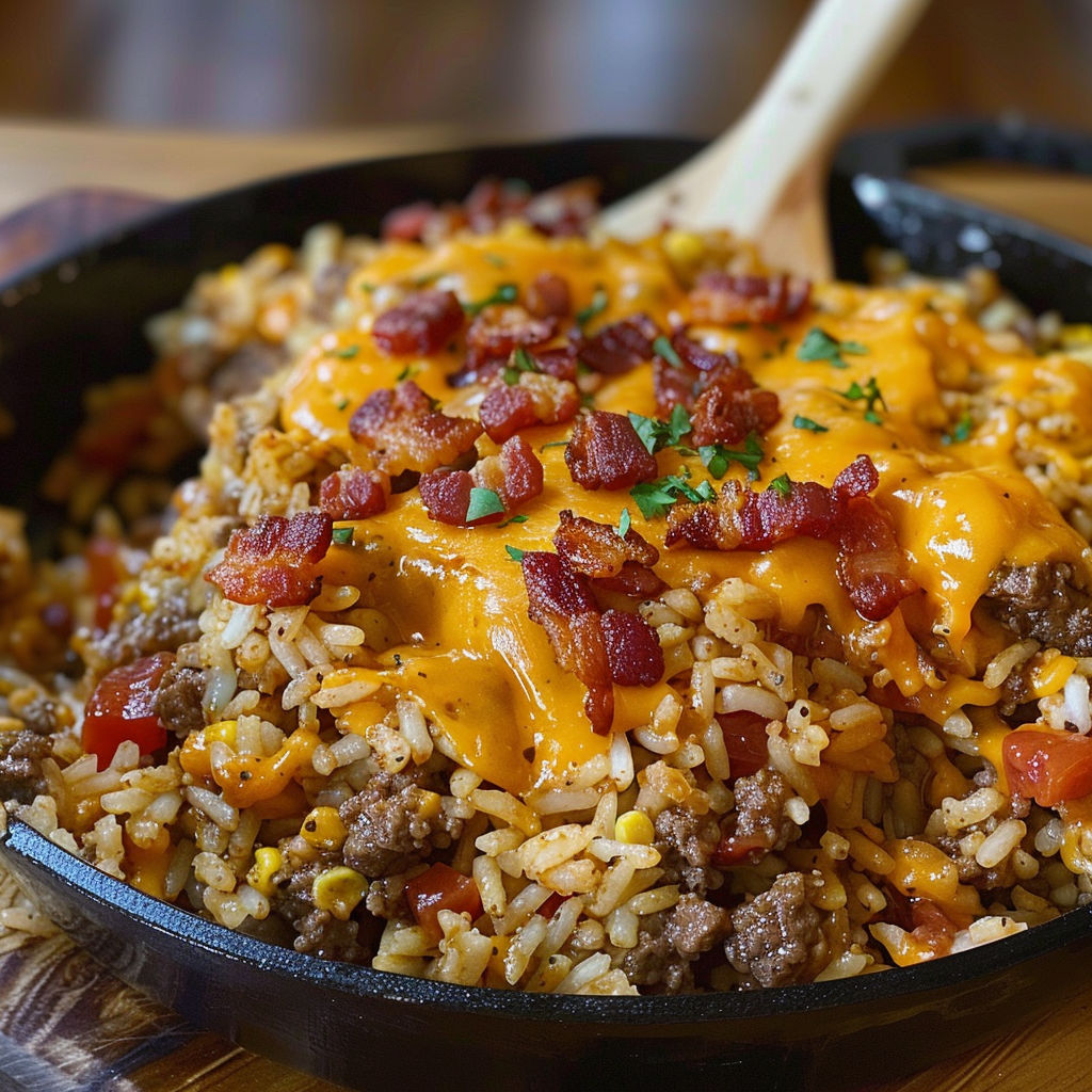 A delicious bacon cheeseburger rice dish is cooked and ready to be served.