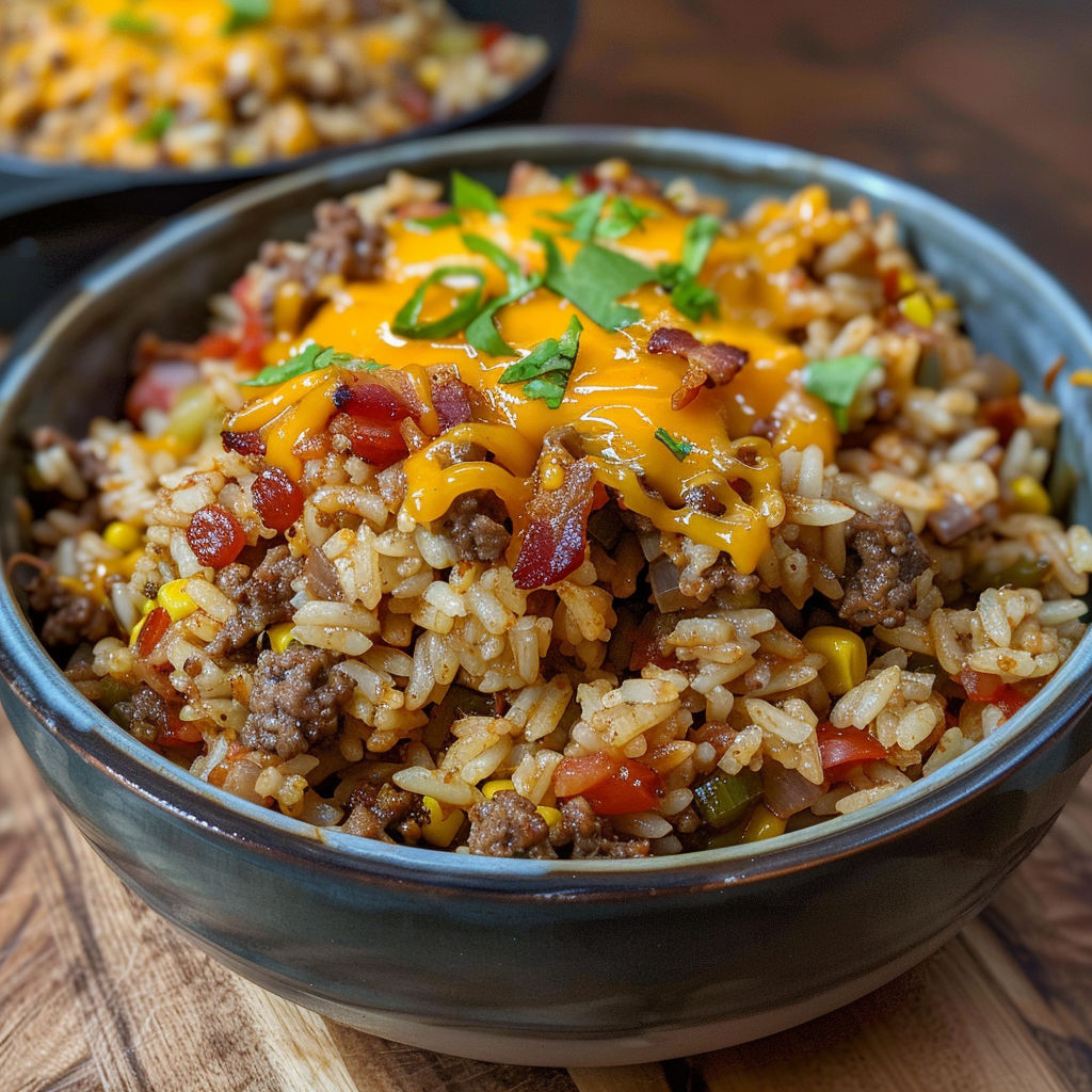 A bowl of rice with bacon and cheese on top, ready to be eaten.