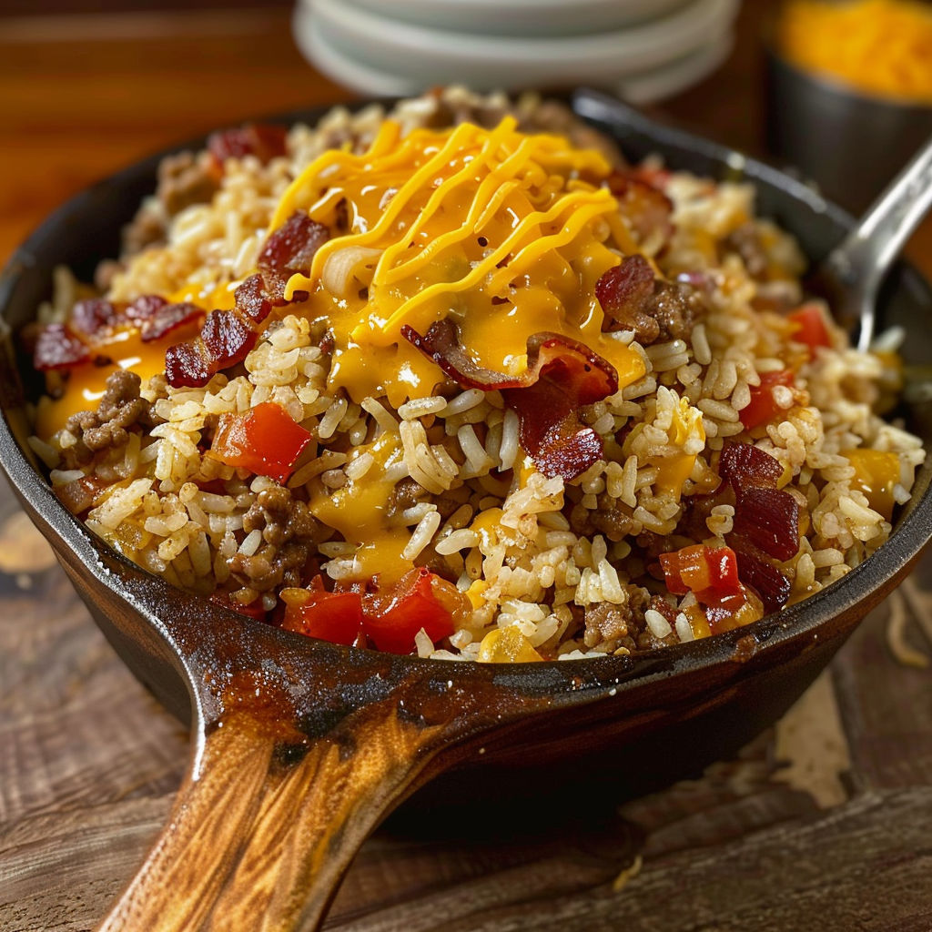 A delicious bacon cheeseburger rice dish is served in a black bowl.