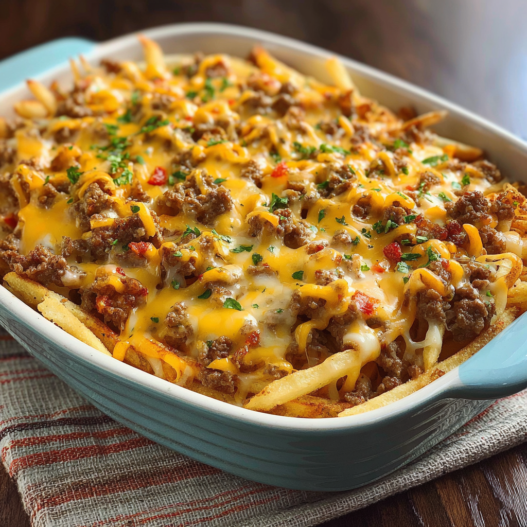 Dig into this mouthwatering Cheeseburger French Fry Casserole, baked and ready for the table.