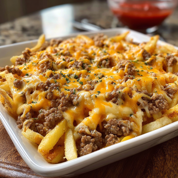 A cheesy, hearty cheeseburger french fry casserole piled up in a white bowl.