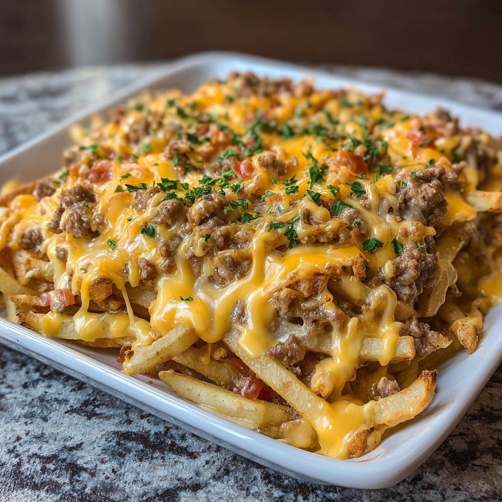 A generous helping of cheeseburger french fry casserole on a white plate, gooey and delicious.