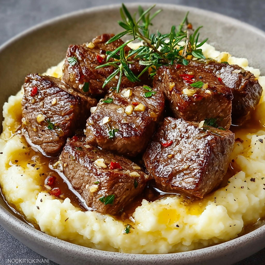 A plate of delicious garlic butter steak bites served with creamy mashed potatoes.