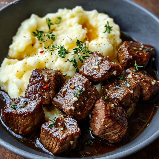 A delicious meal of garlic butter steak bites and creamy mashed potatoes.