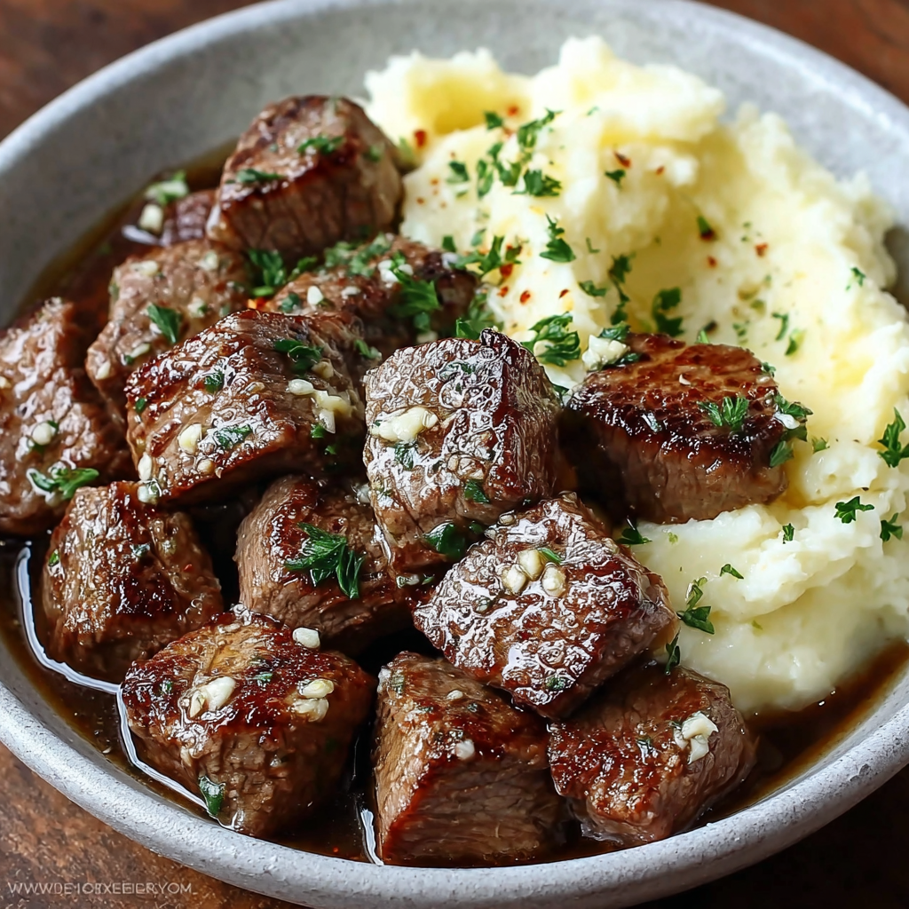 A bowl of delicious garlic butter steak bites and creamy mashed potatoes.