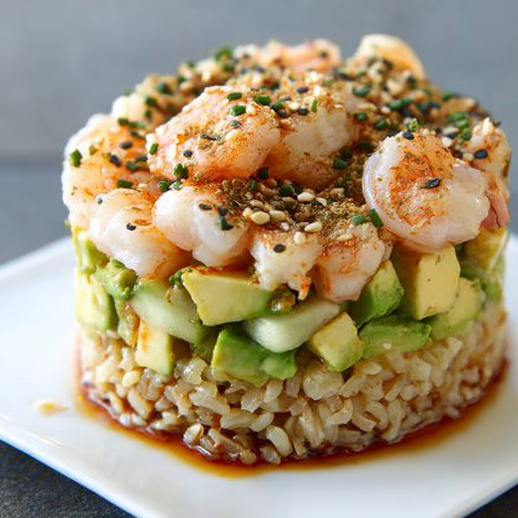 A stack of shrimp with rice and avocado, topped with spicy seasoning.