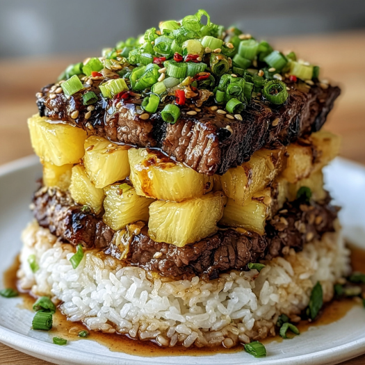 A plate of food with rice and meat, topped with a variety of vegetables, including peppers and onions.
