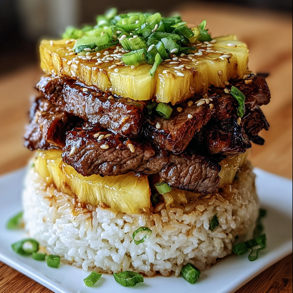 A delicious meal of beef and pineapple is served on a plate with rice.