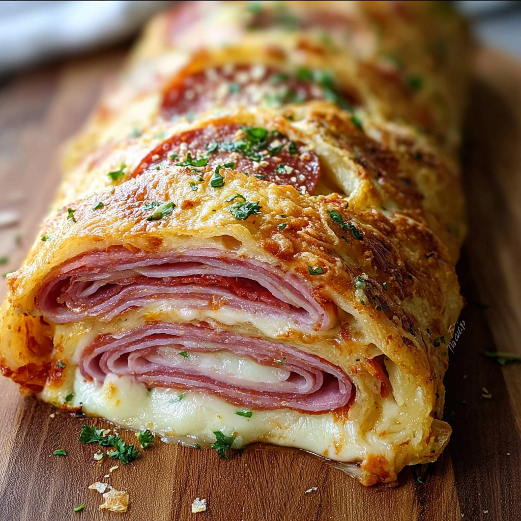 A delicious Italian Stromboli is sliced and ready to be enjoyed.