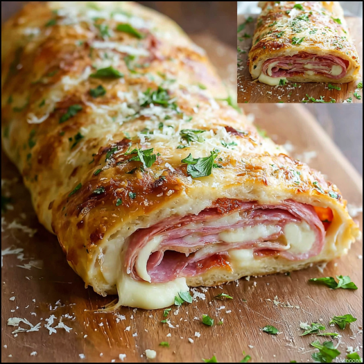 A close up of a delicious Italian Stromboli filled with cheese and meat.