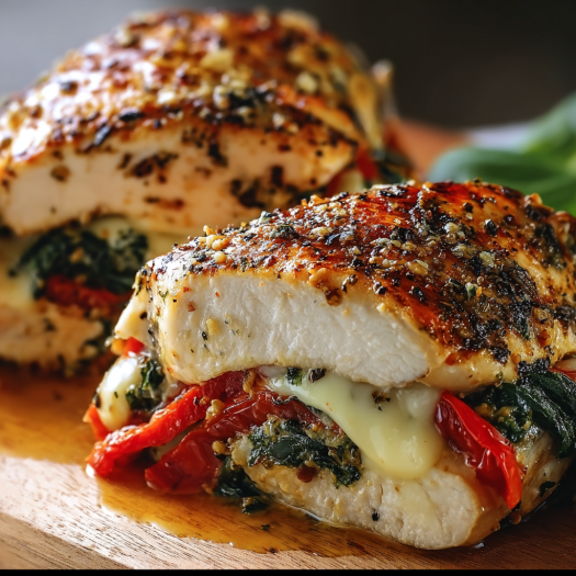 A delicious Roasted Red Pepper, Spinach, and Mozzarella Stuffed Chicken is served on a wooden platter.