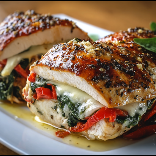 A plate of stuffed chicken with spinach and mozzarella cheese, topped with a roasted red pepper.