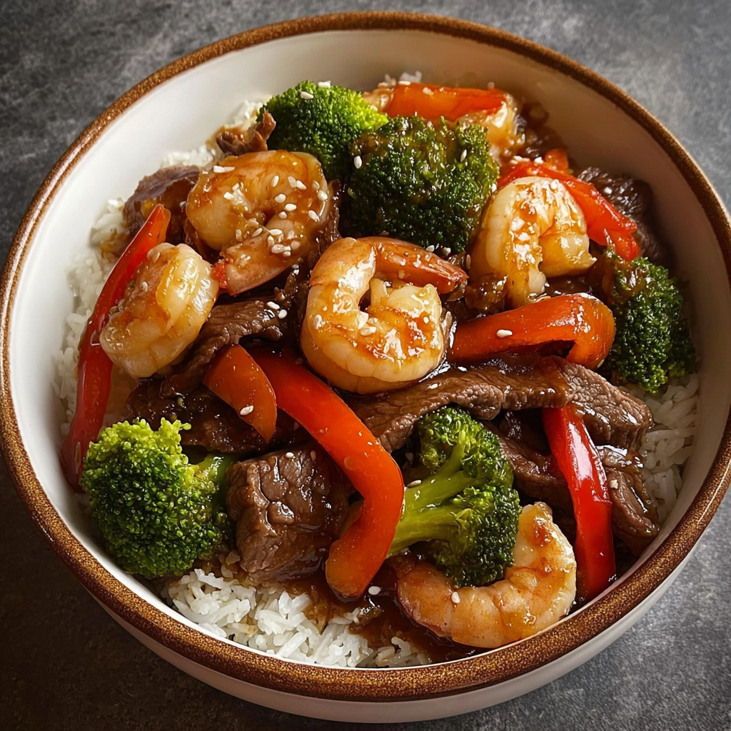 A bowl of shrimp and broccoli stir fry with rice.
