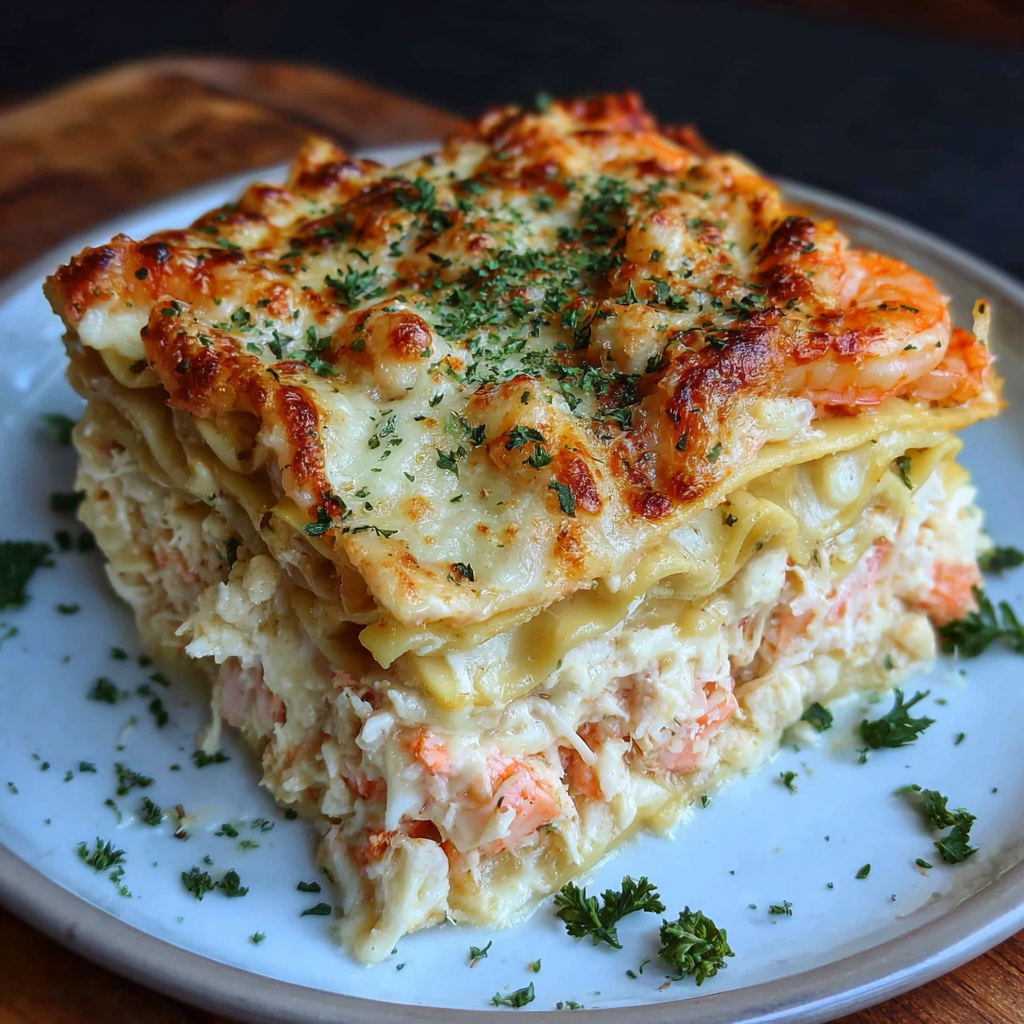 A delicious seafood lasagna with shrimp and crab is served on a plate.