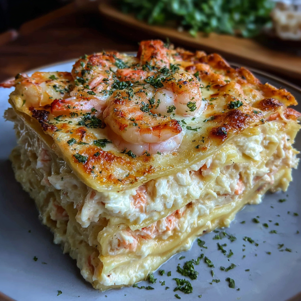 A delicious seafood lasagna with shrimp and crab on a white plate.