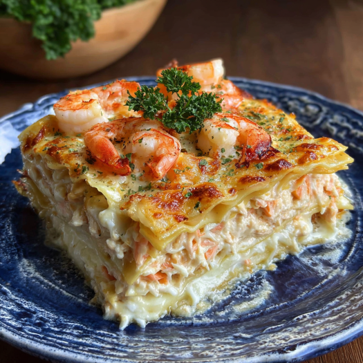 A delicious seafood lasagna with shrimp and crab on a blue plate.