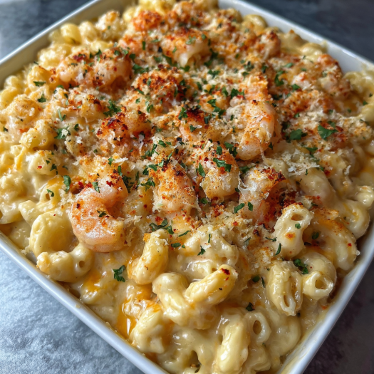 A close up of a delicious macaroni and cheese dish with shrimp and herbs.