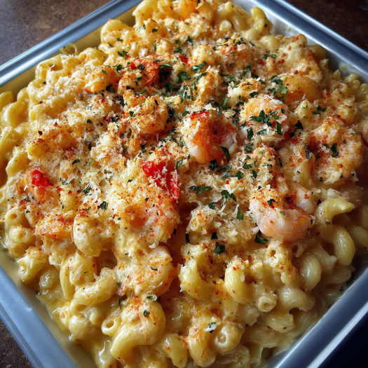 A delicious macaroni and cheese dish with shrimp and spices.