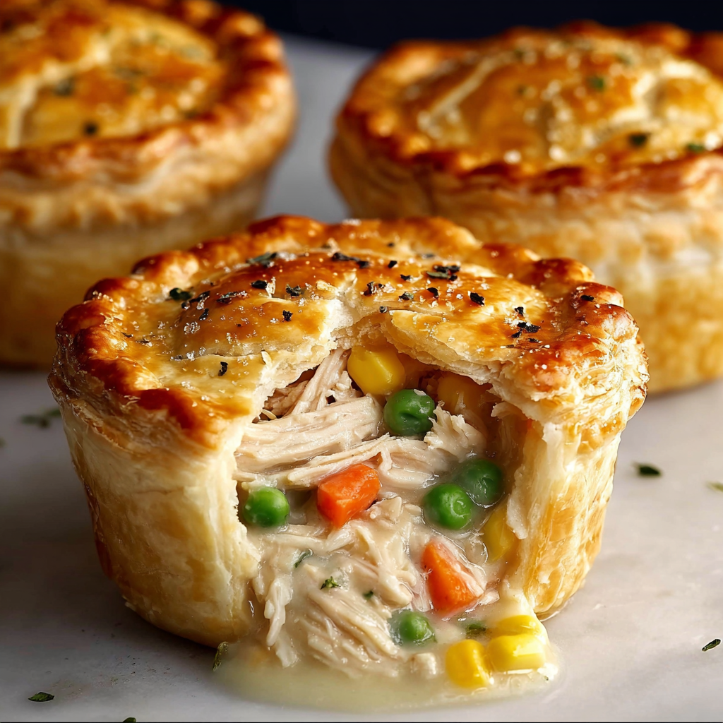 A close-up of a delicious chicken pot pie, filled with chicken, peas, and carrots, served in a flaky pastry crust.
