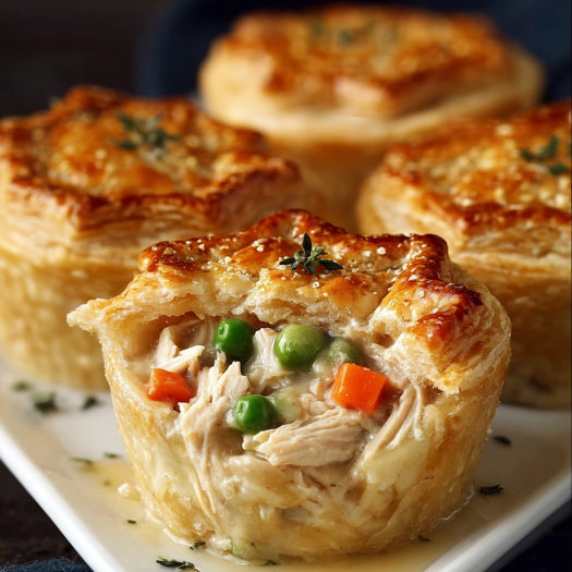 A plate of three miniature meat pies, each filled with a delicious mixture of meat, vegetables, and sauce.