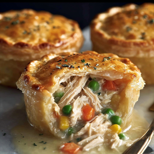 A close up of a chicken pot pie with a fork in front of it.