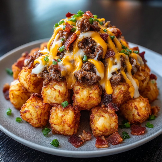A plate of bacon cheeseburger stuffed tater tots.